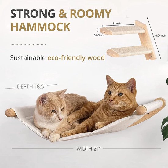 Lohofrnny Klimwand Voor Katten - Wandgemonteerd Kattenbed Met Hangmat, 2 Trappen Met Jute & Bladeren, 2 Krabpalen Van Natuurrubberhout, DIY Kattenspeelmuur