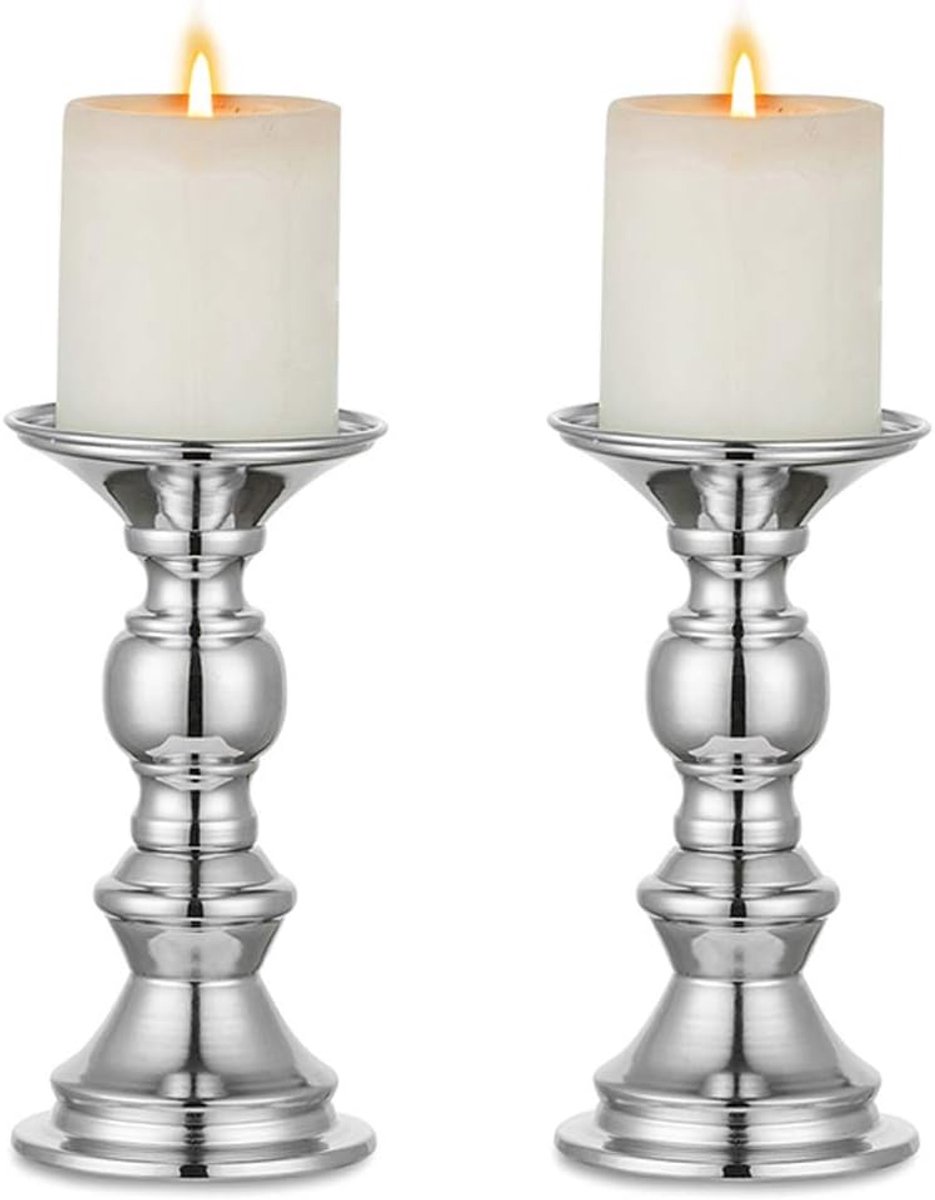 Set-2-Metalen-Pijler-Kaarsenhouders-Zilver-Pijler-Kaarsenhouder-Bruiloft-Centraal-Kaarsenstandaard-Decoratie-Geschikt-Feesten