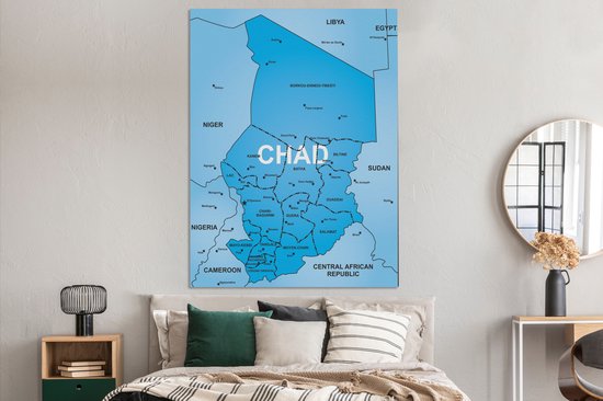 Une illustration d'une carte bleue du Tchad sur toile 120x160 cm - Tirage photo sur toile (Décoration murale salon / chambre) XXL / Groot format!