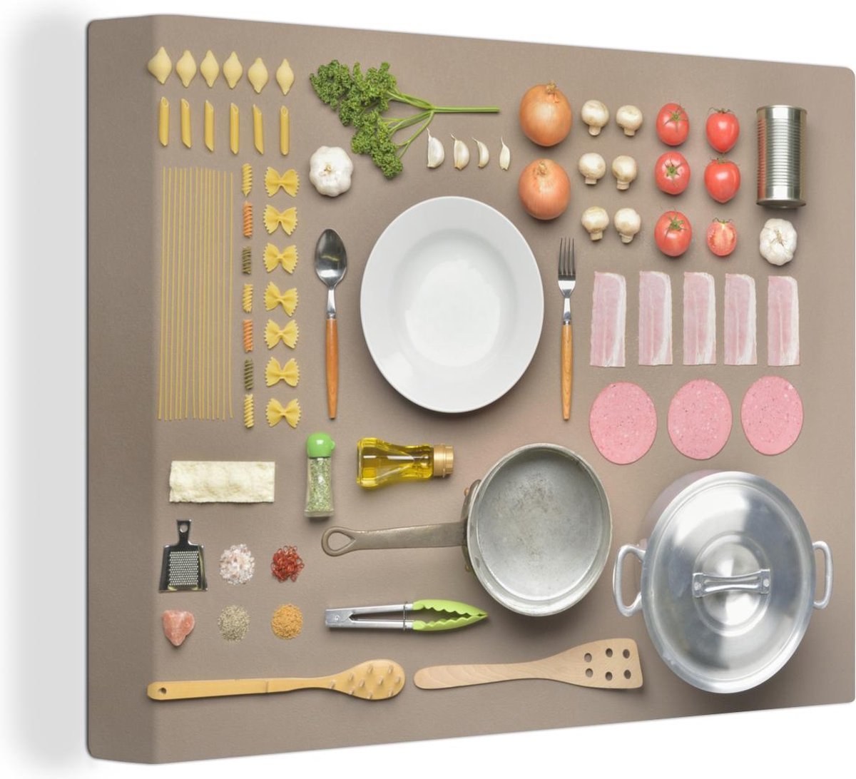 Canvas Schilderij Knolling - verzameling van Italiaans eten en kookgerei - 120x90 cm - Wan