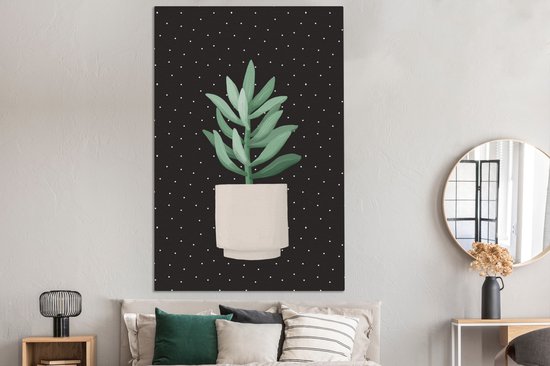 Illustration d'une succulente aux feuilles gris-vert sur fond noir à pois blancs 120x180 cm - Tirage photo sur Toile (Décoration murale salon / chambre) XXL / Groot format!