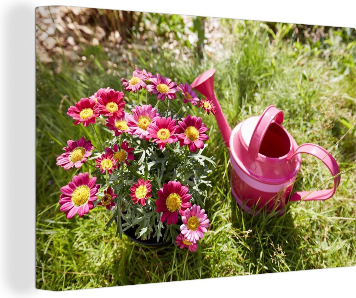Canvas schilderij 140x90 cm - Wanddecoratie Bloemen - Gieter - Roze - Muurdecoratie woonka