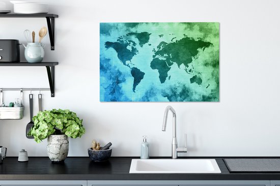 Wereldkaart avec peinture bleue qui passe au vert sur fond avec motif texturé 60x40 cm