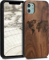 kwmobile telefoonhoesje compatibel met Apple iPhone 11 - Hoesje met bumper in donkerbruin - walnoothout - Wereldkaart design