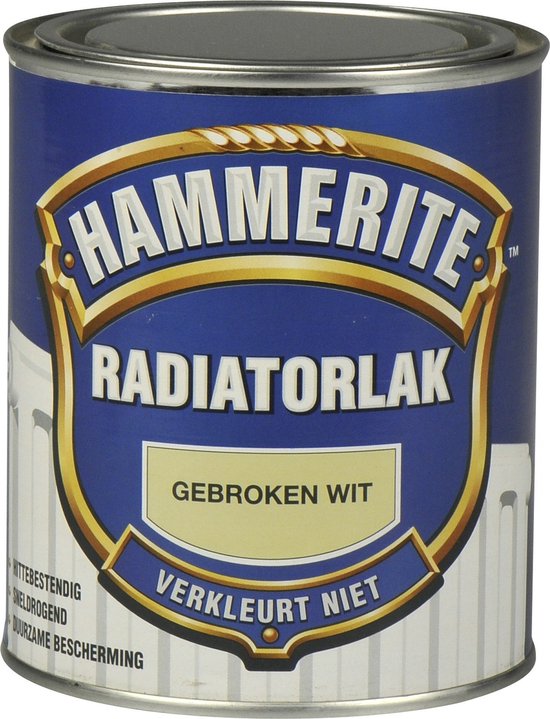 Blik Hammerite Radiatorlak Gebroken Wit, verkleurt niet.