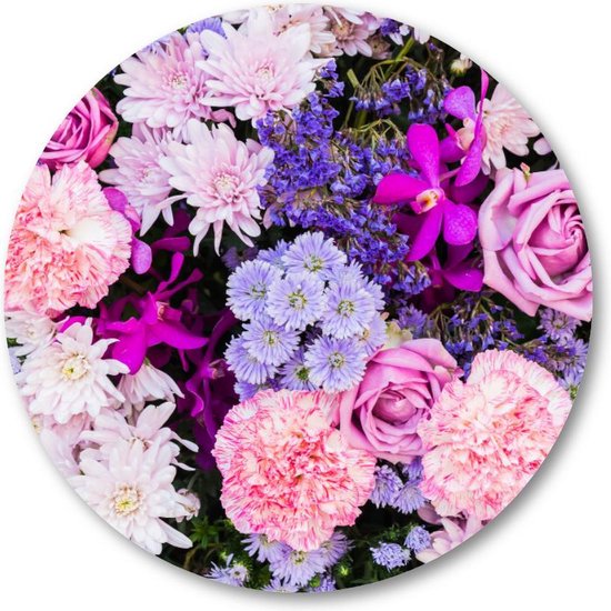 Roze en Paarse Bloemen - Muurcirkel Forex 60cm - Wandcirkel voor binnen - Natuur - Bloemen