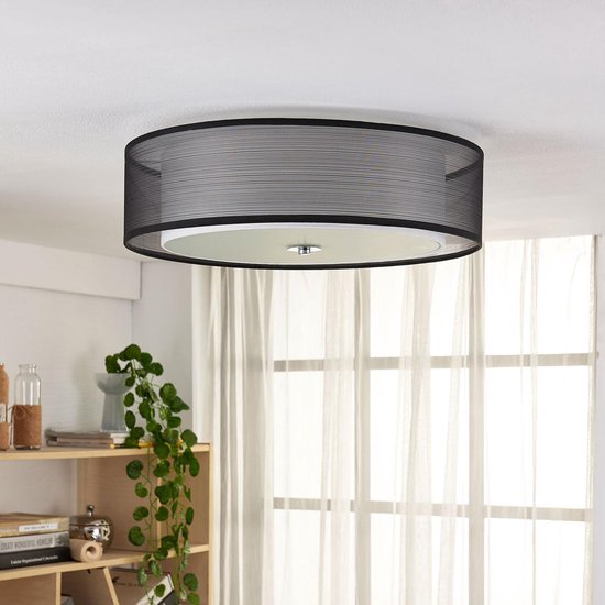 Lindby - plafondlamp - 3 lichts - stof, metaal, glas - H: 14.5 cm - E27 - zwart, wit, chroom