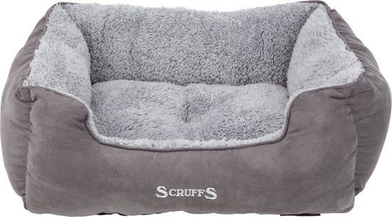 Grijze hondenmand met fleece voering. Scruffs logo op de voorkant. Rechthoekig met opstaande rand.