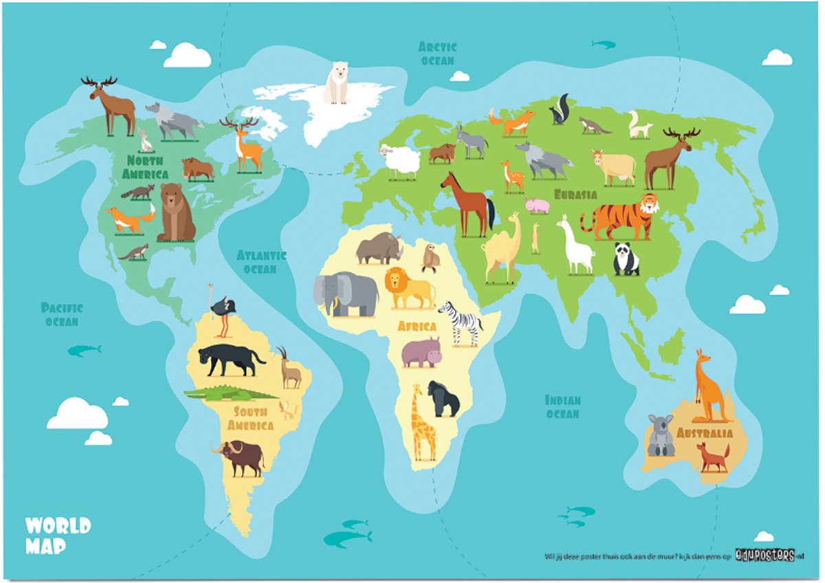 eduposters Educatieve poster (Posterpapier) - Topografie wereld ons dierenrijk - 59.4 x 42 cm (A2) Beige