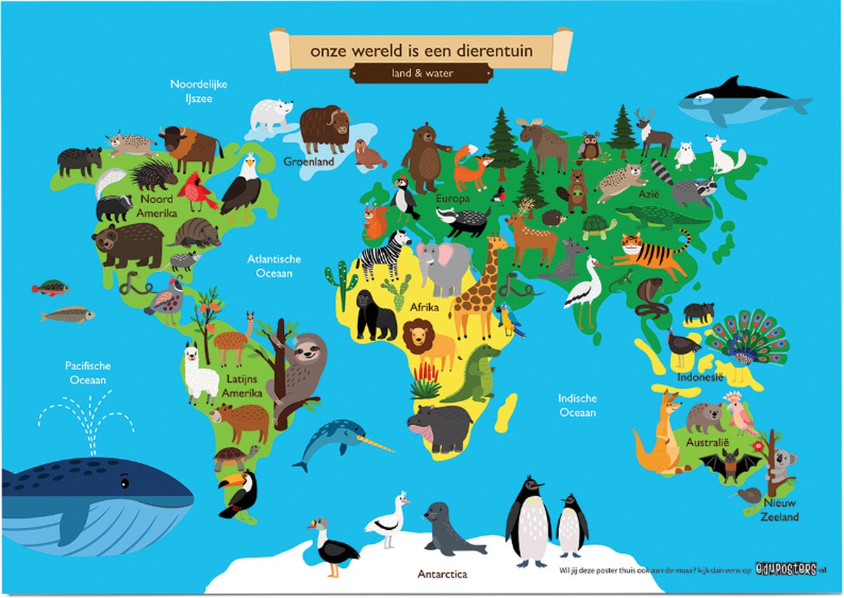 eduposters Educatieve poster (Posterpapier) - Topografie wereld land en water - 42 x 29.7 cm (A3) Blauw