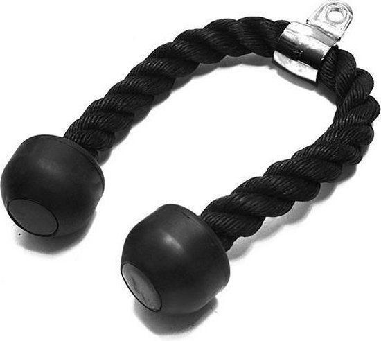 Zwarte triceps touwen met rubberen doppen en zilveren metalen ring, op witte achtergrond.