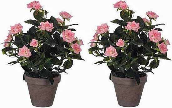 Mica Decorations Kunstplant - 2x - rozen - roze - in grijze pot - 33cm - kunst roos