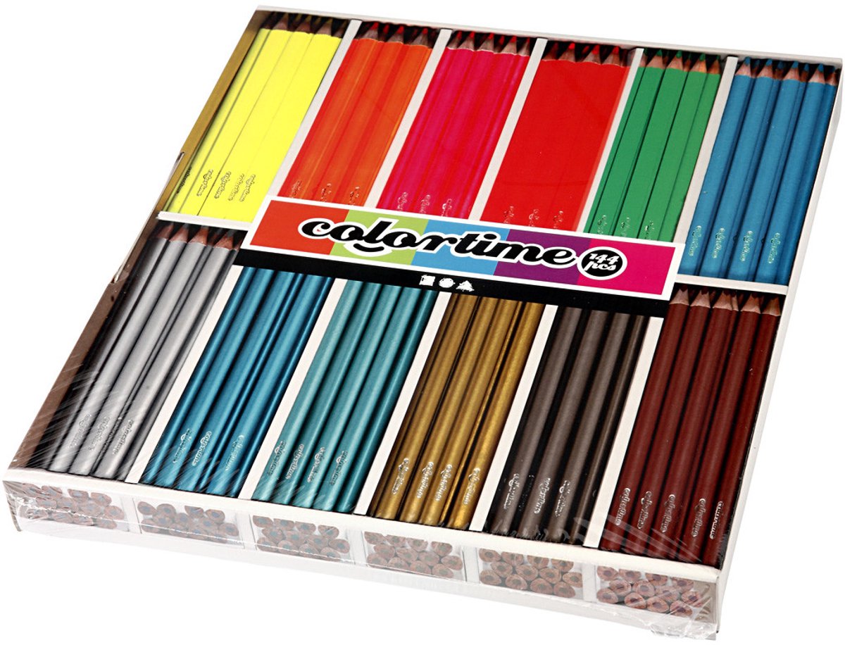 Colortime Kleurpotloden, L: 17,45 cm, vulling 3 mm, metallic kleuren, neon kleuren, 144 stuk