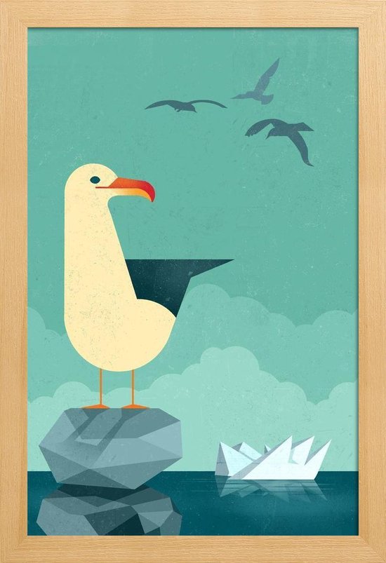 JUNIQE Poster in houten lijst Vintage meeuw 20x30 /Blauw & Ivoor