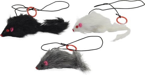 Pet Toys Kattenspeelgoed - Muis - aan Elastiek - in 3 Kleuren: Grijs, Zwart of Wit
