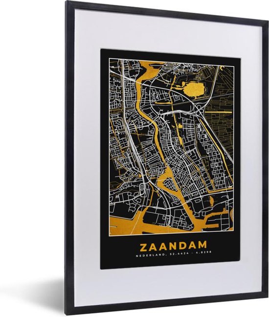 Fotolijst incl. Poster - Plattegrond - Zaandam - Goud - Zwart - 30x40 cm - Posterlijst - Stadskaart