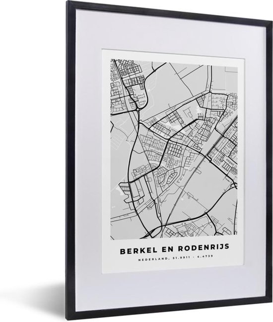 Fotolijst incl. Poster - Stadskaart - Berkel en Rodenrijs - Grijs - Wit - 30x40 cm - Posterlijst - Plattegrond