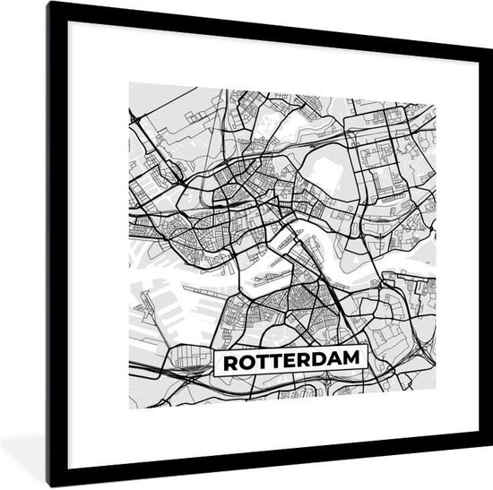 Fotolijst incl. Poster - Stadskaart - Rotterdam - Grijs - Wit - 40x40 cm - Posterlijst - Plattegrond