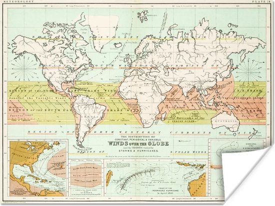 Wanddecoratie - Oude meteorologische wereldkaart - 120x90 cm - Poster