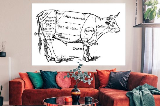 Illustration ancienne avec le schéma de boucher d'une affiche de bœuf papier 180x120 cm - Tirage photo sur Poster (décoration murale salon / chambre) XXL / Groot format!