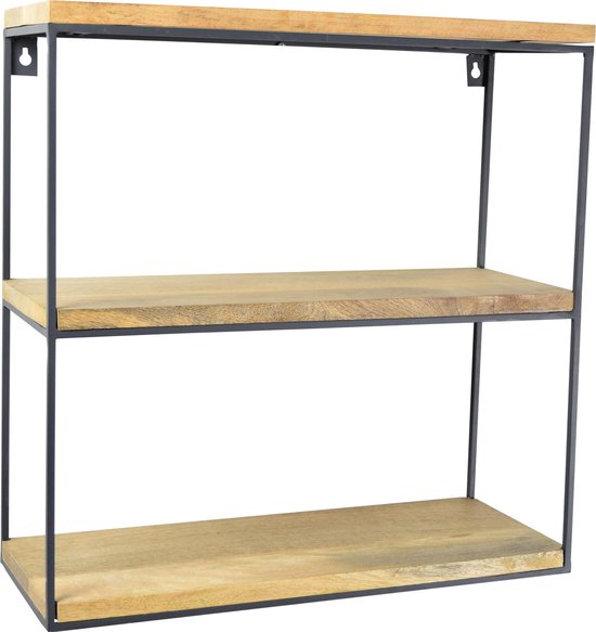 Industrieel wandrek met twee mangohouten planken en zwart metalen frame.