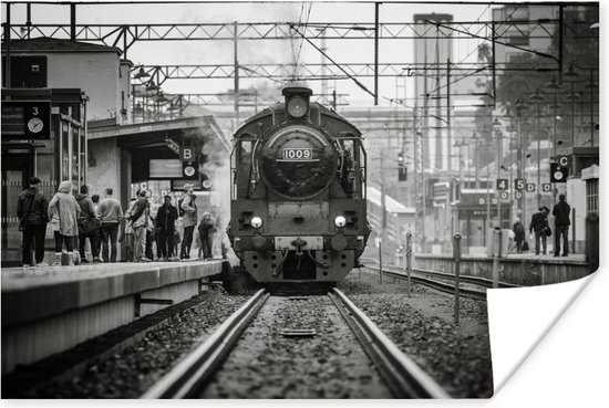 Poster photo Zwart et blanc d'une locomotive à vapeur sur une gare Poster 60x40 cm - Tirage photo sur Poster (décoration murale salon / chambre)