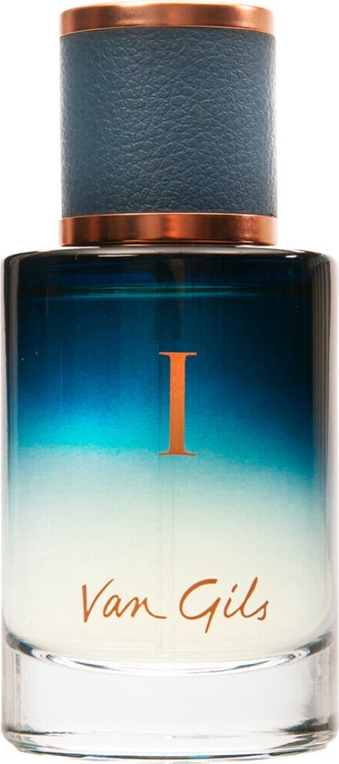 Fles met blauw, wit en groen kleurverloop. Gouden dop en tekst "Van Gils I".