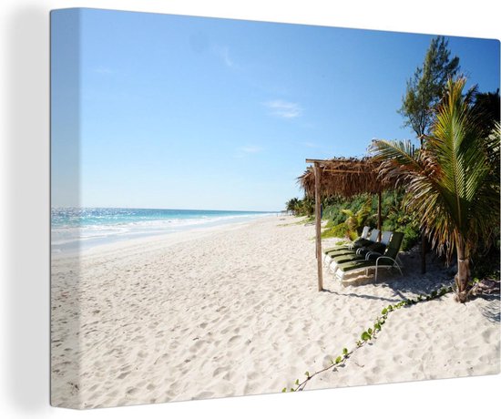 Canvas schilderij 140x90 cm - Wanddecoratie Palmen op de stranden bij het Nationaal park Tulum in Mexico - Muurdecoratie woonkamer - Slaapkamer decoratie - Kamer accessoires - Schilderijen