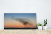 Canvas Schilderij Zwerm spreeuwen bij een kleurrijke zonsondergang - 40x20 cm - Wanddecoratie