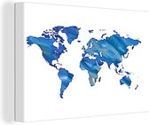 Canvas Wereldkaart - 120x80 - Wanddecoratie Wereldkaart - Waterverf - Blauw