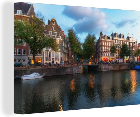 Canvas schilderij 140x90 cm - Wanddecoratie Wolken boven de Prinsengracht van Amsterdam - Muurdecoratie woonkamer - Slaapkamer decoratie - Kamer accessoires - Schilderijen
