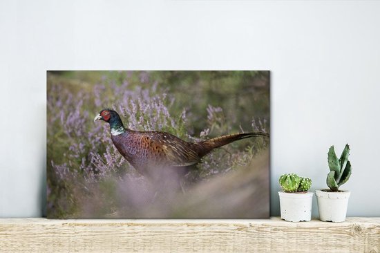 Canvas Schilderij Fazant - Bloemen - Gras - 30x20 cm - Wanddecoratie