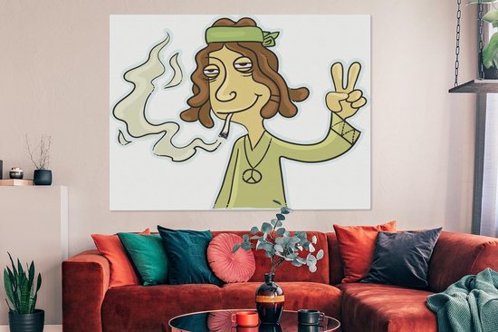 Une illustration d'un hippie qui souffle sur toile 160x120 cm - Tirage photo sur toile (Décoration murale salon / chambre) / Peintures Fleurs sur toile XXL / Groot format!