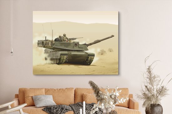 Une illustration d'un tank dans le désert sur toile 160x120 cm - Tirage photo sur toile (Décoration murale salon / chambre) XXL / Groot format!