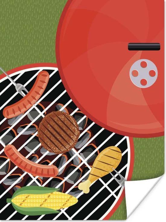 Illustratie van een rode barbecue met voedsel poster 60×80 cm – Foto print op Poster (wanddecoratie woonkamer / slaapkamer)