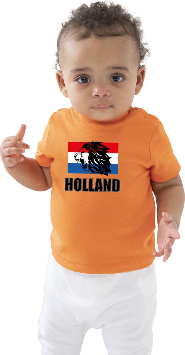 Oranje fan t-shirt voor baby / peuters - met leeuw en vlag - Holland / Nederland supporter - Koningsdag / EK / WK shirt / outfit 0-3 mnd