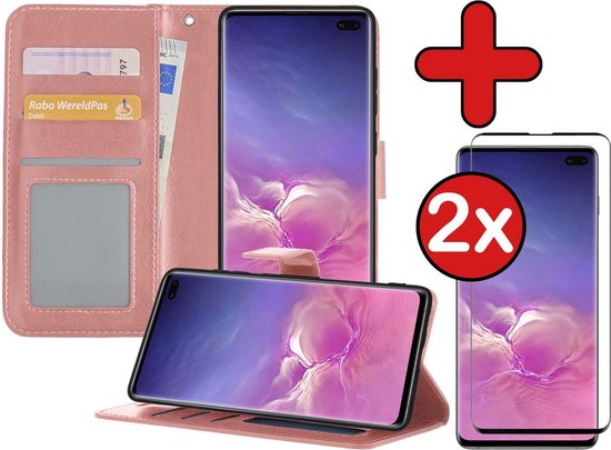 Hoesje Geschikt voor Samsung S10 Hoesje Book Case Hoes Portemonnee Cover Walletcase Met 2x Screenprotector - Hoes Geschikt voor Samsung Galaxy S10 Hoes Bookcase Hoesje - Rosé goud