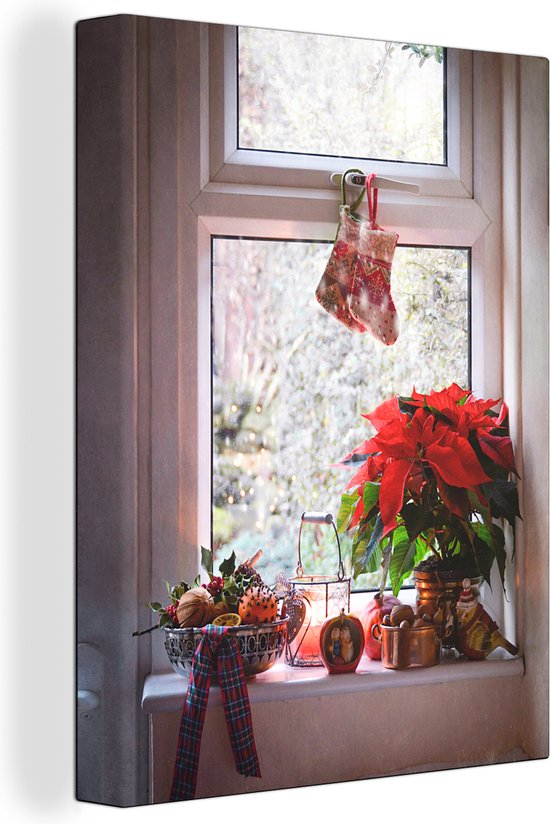 Canvas Schilderij Kerstster in de vensterbank - 60x80 cm - Wanddecoratie