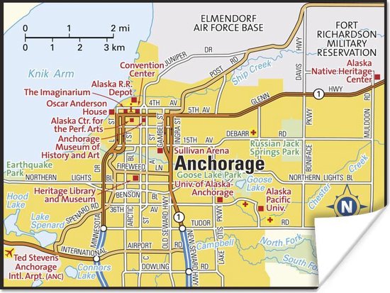 Une illustration d'une carte d'Anchorage poster 160x120 cm - Tirage photo  sur Poster... | bol.com