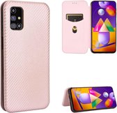 Voor Samsung Galaxy M31s Carbon Fiber Texture Magnetische Horizontale Flip TPU + PC + PU Leather Case met Rope & Card Slot (Pink)