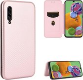 Voor Samsung Galaxy A90 5G Koolstofvezel Textuur Magnetische Horizontale Flip TPU + PC + PU lederen tas met touw & kaartsleuf (roze)