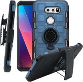 Voor LG V30 3 in 1 Cube PC + TPU beschermhoes met 360 graden draaien zwarte ringhouder (marineblauw)