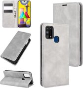 Voor Samsung Galaxy M31 retro-skin zakelijke magnetische zuignap lederen tas met houder & kaartsleuven en portemonnee (grijs)