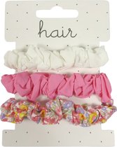 Scrunchie Haarelastiek Assorti Nylon - Roze/Wit - 3 stuks