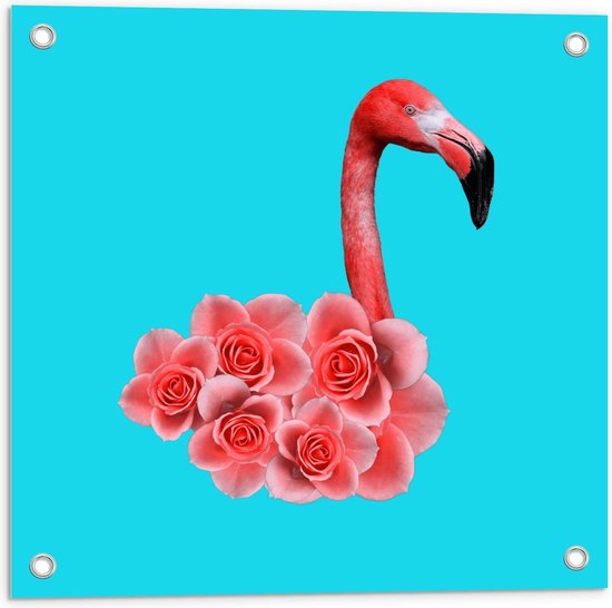 Tuinposter – Flamingo met Bloemen - 50x50cm Foto op Tuinposter  (wanddecoratie voor buiten en binnen)