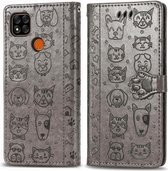 Voor Xiaomi Redmi 9C Leuke Kat en Hond Reliëf Horizontale Flip Leren Case met Houder & Kaartsleuven & Portemonnee & Lanyard (Grijs)