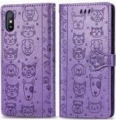 Voor xiaomi redmi 9a schattige kat en hond reliëf horizontale flip lederen tas met houder & kaartsleuven & portemonnee & lanyard (paars)