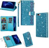Voor iPhone 8 Plus / 7 Plus Multi-kaartsleuven Sterrenhemel Lasergravure Glitter Rits Horizontale Flip Leren Case met Houder & Portemonnee & Lanyard (Hemelsblauw)