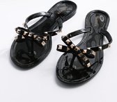 Dames flip-flops strass strik instap platte sandalen, maat: 39 (zwart)
