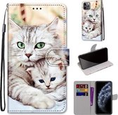 Gekleurde tekening Cross Texture Horizontale Flip PU lederen hoes met houder & kaartsleuven & portemonnee & lanyard voor iPhone 11 Pro (Big Cat Holding Kitten)